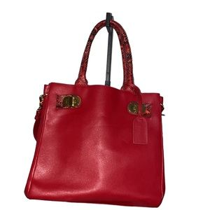 Red Leather Tote Bag With Snake Embossed Handles - image 1